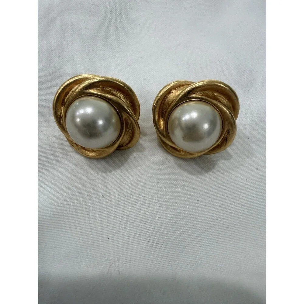 KJL Kenneth Jay Lane Gold Pearl Swirl Knot Earrings Statement Vintage - Picture 2 of 6